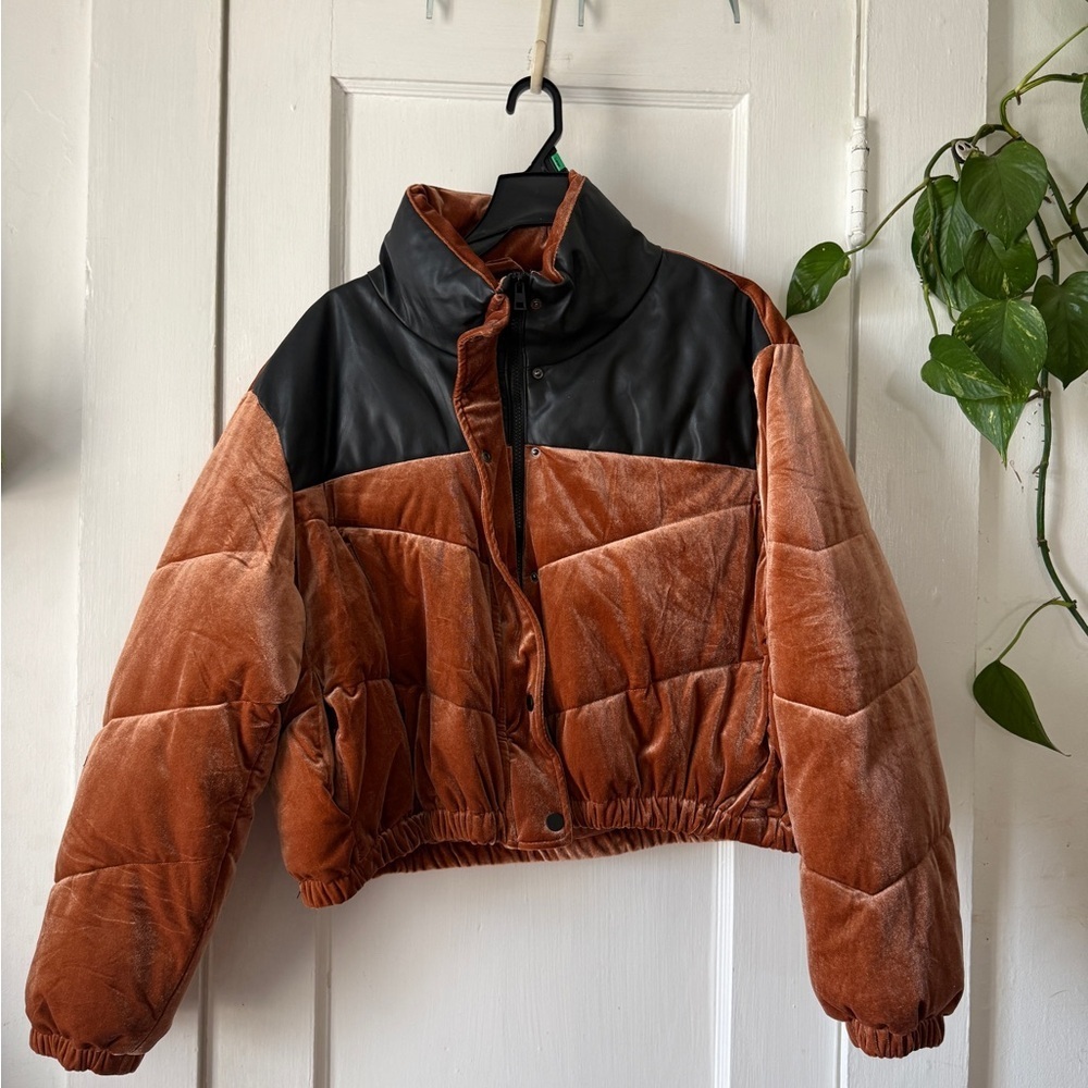 Celebrity Pink Rust Velvet Puffer Jacket with Black Yoke
